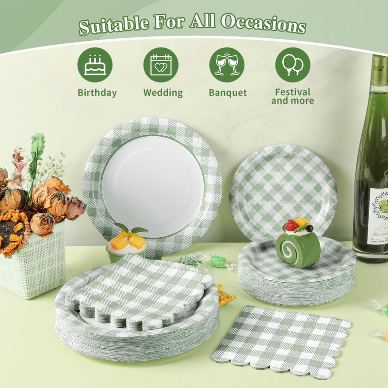 Purhapfre 175Pcs Sage Green Gingham Party Supplies Green Gingham Paper Plates and Napkins Greeny Plaid Plates Disposable Sage and White Plaid Party Decor for Birthday Family Picnic BBQ,Serves 25 Guests - Image 3