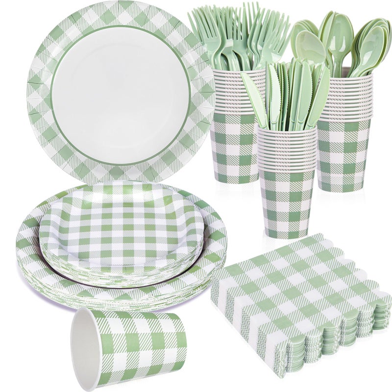 Purhapfre 175Pcs Sage Green Gingham Party Supplies Green Gingham Paper Plates and Napkins Greeny Plaid Plates Disposable Sage and White Plaid Party Decor for Birthday Family Picnic BBQ,Serves 25 Guests - Image 1