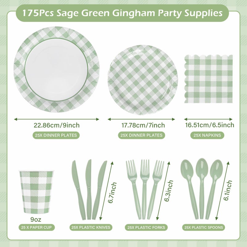 Purhapfre 175Pcs Sage Green Gingham Party Supplies Green Gingham Paper Plates and Napkins Greeny Plaid Plates Disposable Sage and White Plaid Party Decor for Birthday Family Picnic BBQ,Serves 25 Guests - Image 2