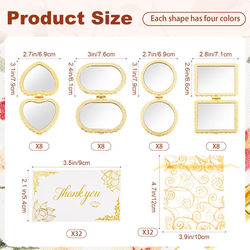 Jetec 32 Sets Indian Return Gifts for Pooja Bulk  Diwali Gifts Bulk  Floral Gold Edge Compact Mirrors for Women  Retro Folding Pocket Makeup Mirror Set with Bags & Cards for Diwali - Image 3