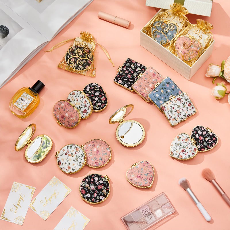 Jetec 32 Sets Indian Return Gifts for Pooja Bulk  Diwali Gifts Bulk  Floral Gold Edge Compact Mirrors for Women  Retro Folding Pocket Makeup Mirror Set with Bags & Cards for Diwali - Image 2