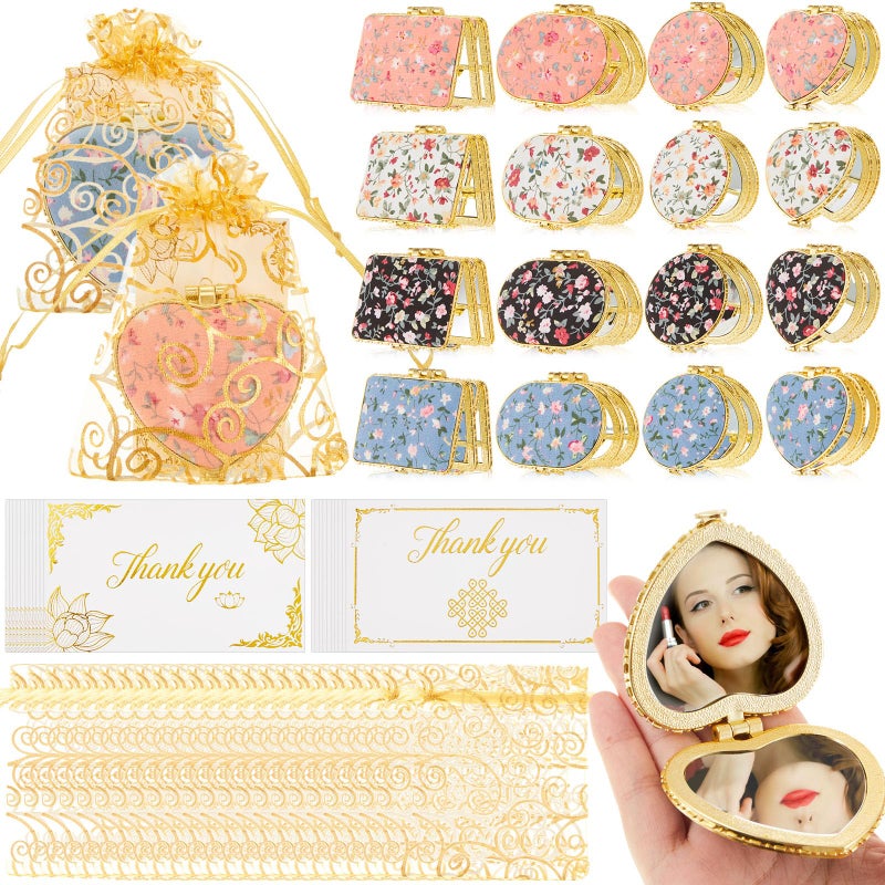 Jetec 32 Sets Indian Return Gifts for Pooja Bulk  Diwali Gifts Bulk  Floral Gold Edge Compact Mirrors for Women  Retro Folding Pocket Makeup Mirror Set with Bags & Cards for Diwali - Image 1