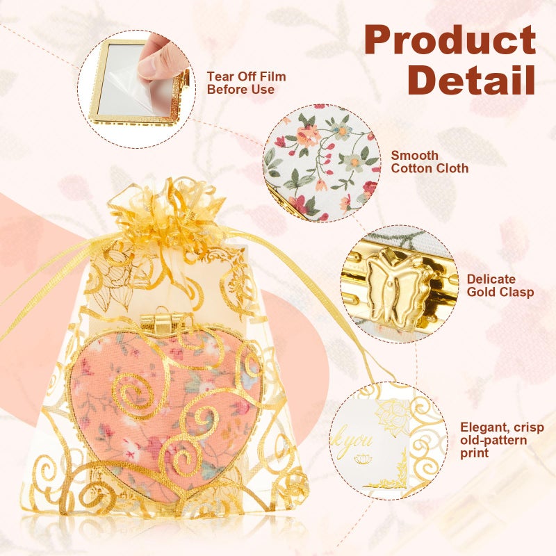 Jetec 32 Sets Indian Return Gifts for Pooja Bulk  Diwali Gifts Bulk  Floral Gold Edge Compact Mirrors for Women  Retro Folding Pocket Makeup Mirror Set with Bags & Cards for Diwali - Image 4