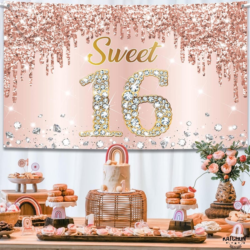 KatchOn, Large Sweet 16 Banner Rose Gold - 72x44 Inch | Sweet 16 Party Decorations | Sweet 16 Backdrop, Sweet 16 Decorations for Girls | Sweet 16 Birthday Banner for Sweet 16 Birthday Decorations | - Image 4