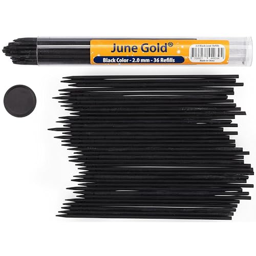 June Gold 36 Black (Raven #108) Colored 2.0 mm (NOT GRAPHITE) Lead Refills, Bold Thickness for Heavy Use, Break Resistant with a Convenient Dispenser - Image 1