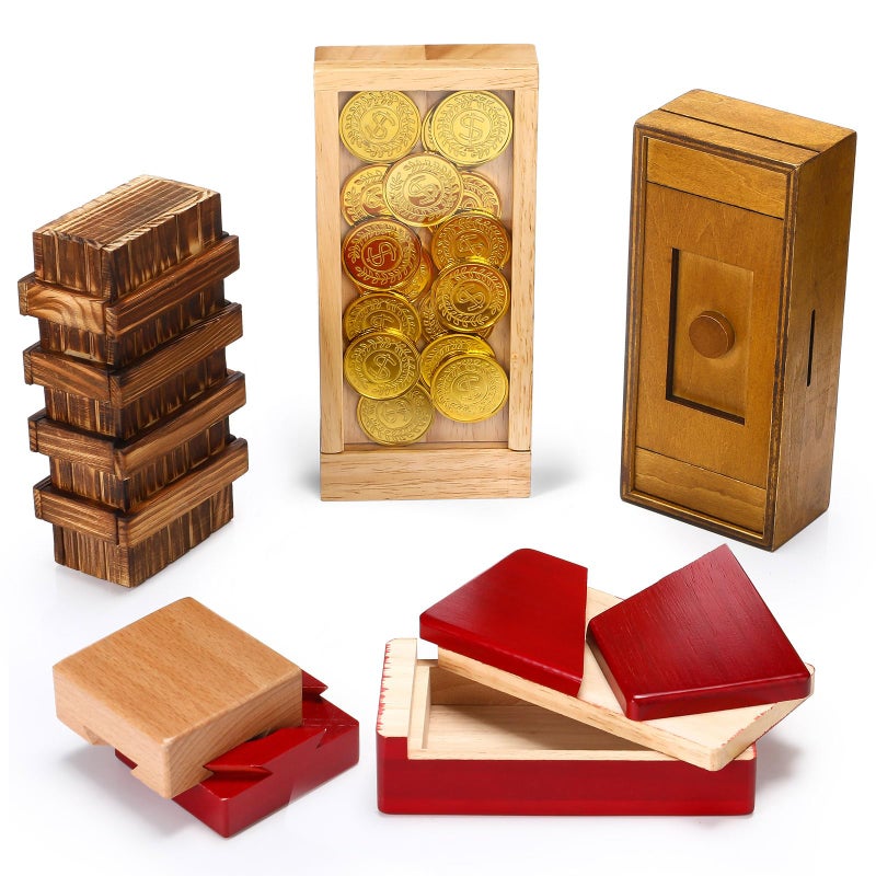 Hanaive 5 Pack Christmas Puzzle Box Gift Wooden Secret Money Puzzle Box with Hidden Compartments 3D Wooden Brain Teaser Magic Drawers Difficult Cash Gifts for AdultsRetro Style - Image 3