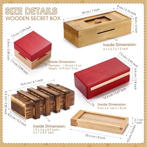Hanaive 5 Pack Christmas Puzzle Box Gift Wooden Secret Money Puzzle Box with Hidden Compartments 3D Wooden Brain Teaser Magic Drawers Difficult Cash Gifts for AdultsRetro Style - Image 5