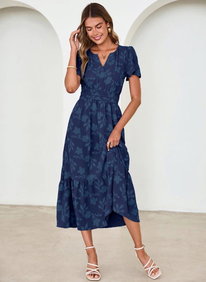 SIMPLEE Womens Summer Boho Maxi Dress Semi Formal Wedding Guest Short Sleeve V Neck Empire Waist Floral Long Dresses, Navy Blue, L - Image 5