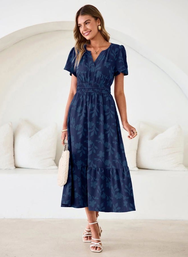 SIMPLEE Womens Summer Boho Maxi Dress Semi Formal Wedding Guest Short Sleeve V Neck Empire Waist Floral Long Dresses, Navy Blue, L - Image 2