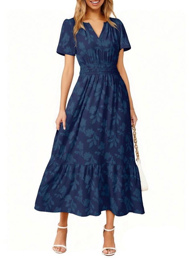 SIMPLEE Womens Summer Boho Maxi Dress Semi Formal Wedding Guest Short Sleeve V Neck Empire Waist Floral Long Dresses, Navy Blue, L - Image 1