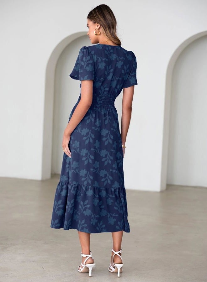 SIMPLEE Womens Summer Boho Maxi Dress Semi Formal Wedding Guest Short Sleeve V Neck Empire Waist Floral Long Dresses, Navy Blue, L - Image 4