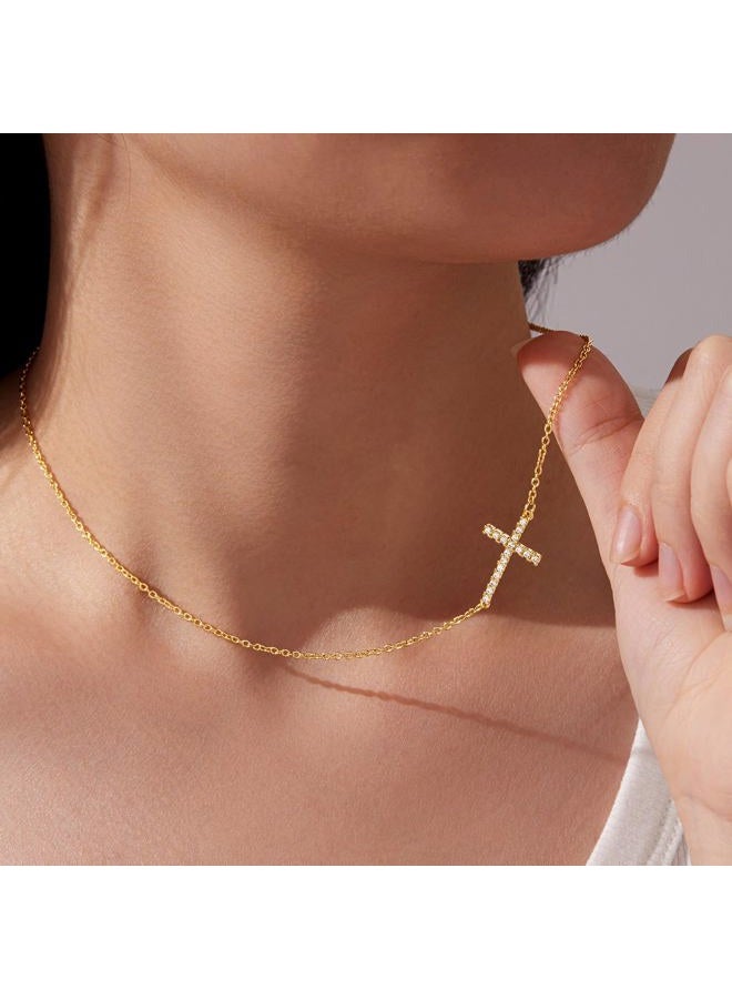Poxtex Cross Necklace for Women Girls, Dainty 14K Gold Silver Plated Cross Choker Pendant Jewelry Non Tarnish Waterproof Trendy Simple Cute Small Necklace Christian Baptism Religious Faith Jewelry Gifts - Image 2