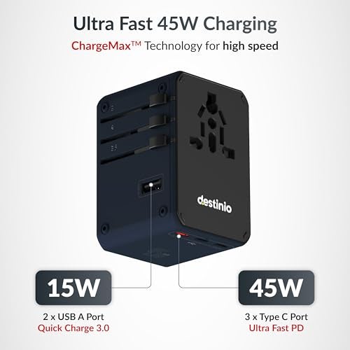 Destinio Universal Travel Adapter - 6-in-1 Fast Charging International Charger with PD, Type C & 3 USB Ports - All-in-One for US, UK, Europe (45W- Type C- (6 in 1) - Blue) - Image 3