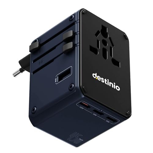 Destinio Universal Travel Adapter - 6-in-1 Fast Charging International Charger with PD, Type C & 3 USB Ports - All-in-One for US, UK, Europe (45W- Type C- (6 in 1) - Blue) - Image 1