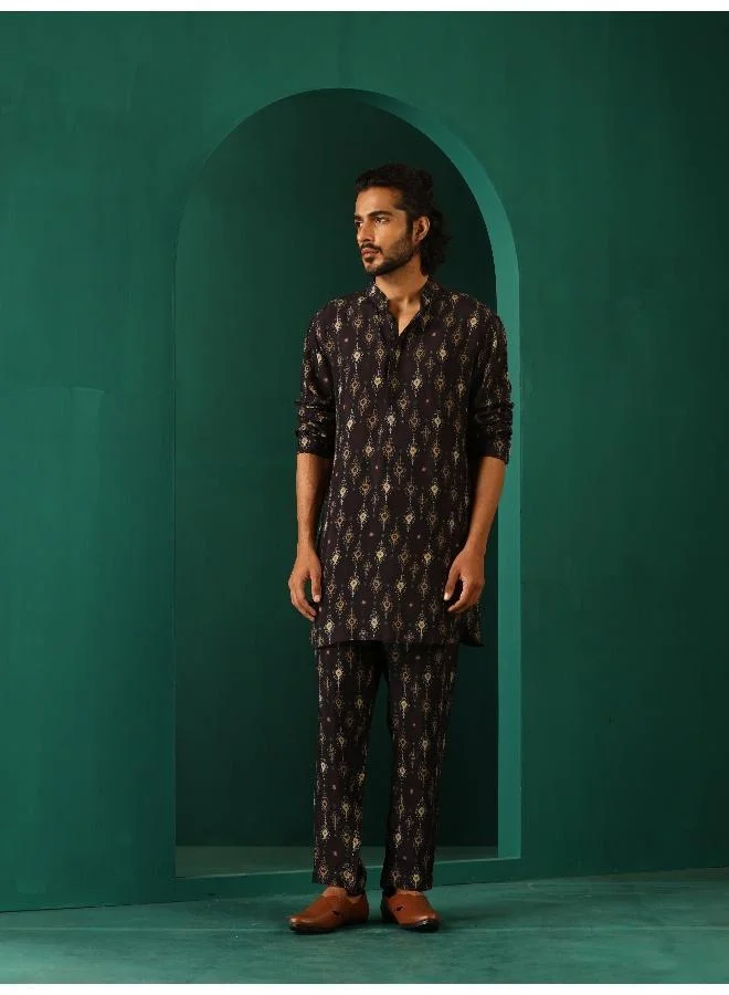 ترو برونز Men's Black Tonal Ikat Muslin Silk Printed Co-ord Set