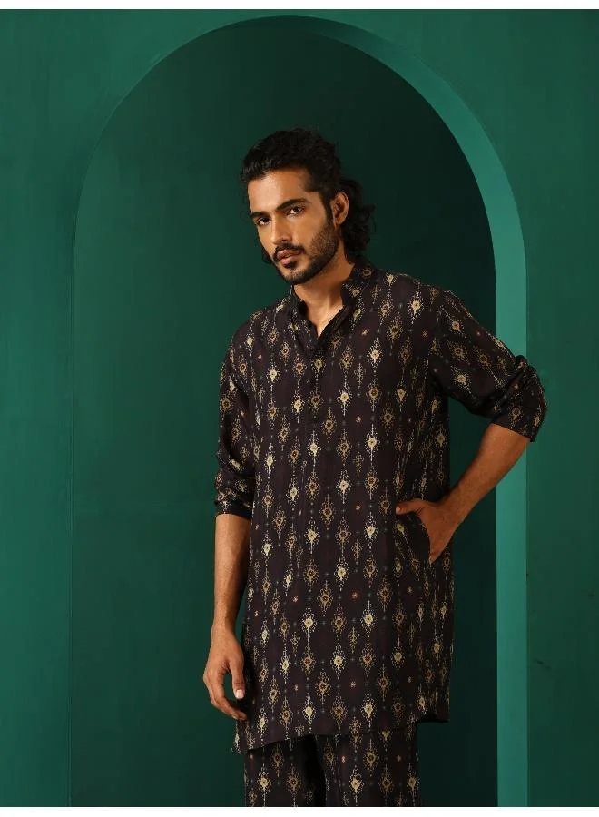 ترو برونز Men's Black Tonal Ikat Muslin Silk Printed Co-ord Set