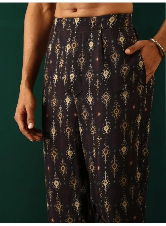 ترو برونز Men's Black Tonal Ikat Muslin Silk Printed Co-ord Set