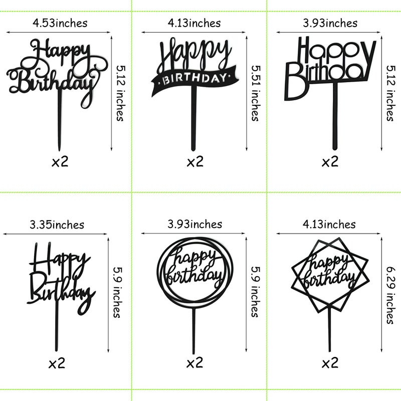 Chewarelly 12 Pack Multi Styles Birthday Cake Topper Set, Acrylic Cake Bunting Decor Birthday Cake Picks Party Decorations Supplies(Black) - Image 2