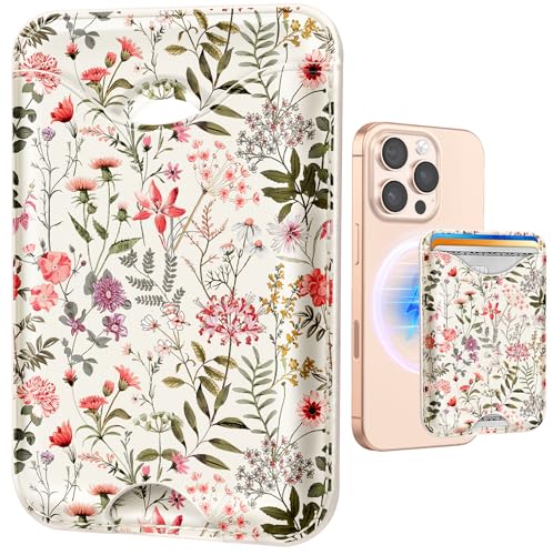 Shorogyt Compatible with Magsafe Wallet Magnetic Card Holder - Phone Wallets Cute Flora Leaves Design for Women Teen Girls Slim for iPhone 17/16/15/14/13/12 Series for Apple RFID Magnet, Fit 3 Cards - Image 1