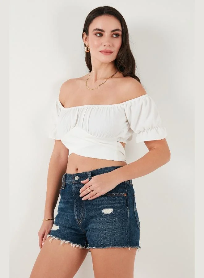 ليلا بلوزة نسائية قصيرة بياقة مادونا وربطة عنق من ليلا مقاس عادي