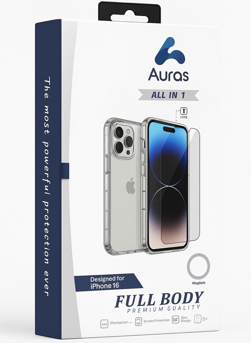 AUras Auras Full Body Clear Case with Screen Protector for iPhone 16 – MagSafe Compatible – Shockproof & Scratch Resistant – All-in-One Protection 