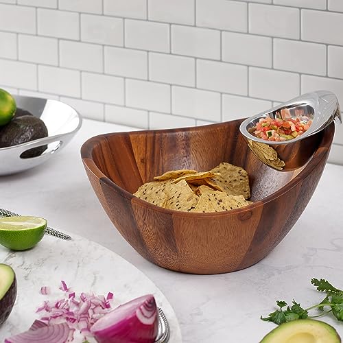nambe Harmony Chip and Dip Server | Chips and Salsa Serving Dish | Salad Bar Serving Set for A Party | Chilled Dip Serving Bowl | Made of Acacia Wood and Metal Alloy - Image 4