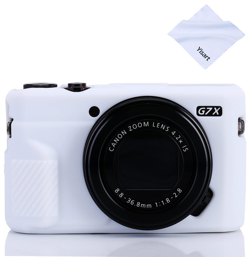 Yisau حافظة G7X Mark II حافظة G7X Mark III حافظة كاميرا G7X حافظة سيليكون رقيقة وخفيفة الوزن من المطاط الناعم لحقيبة تغطية لكانون باور شوت G7X G7X Mark II G7X Mark III + قطعة قماش ميكروفايبر (أبيض) - Image 1