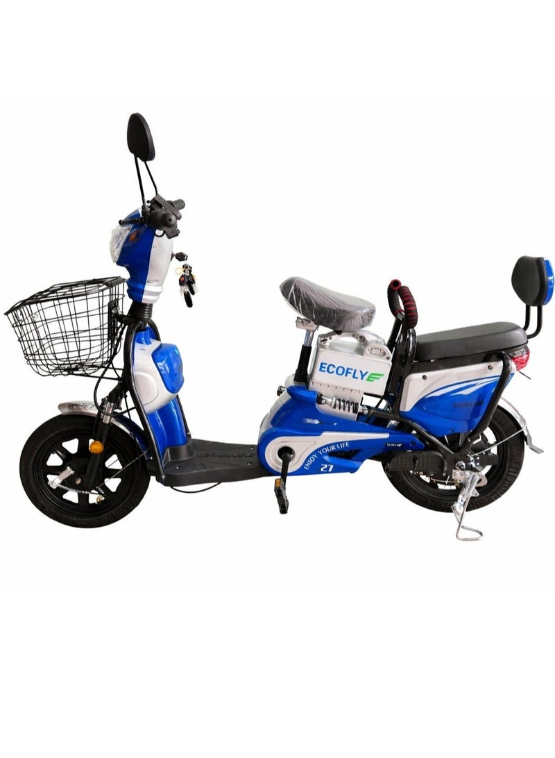 ECOFLY Electric Scooter Delivery E-Bike for Adults 500W 48V High Speed 58KM/H 3 Gear Modes Double Seat with Backrest Front Basket Mobile Charging Holder Digital Display Anti-Theft System 16 Inch Tires Blue - Image 1