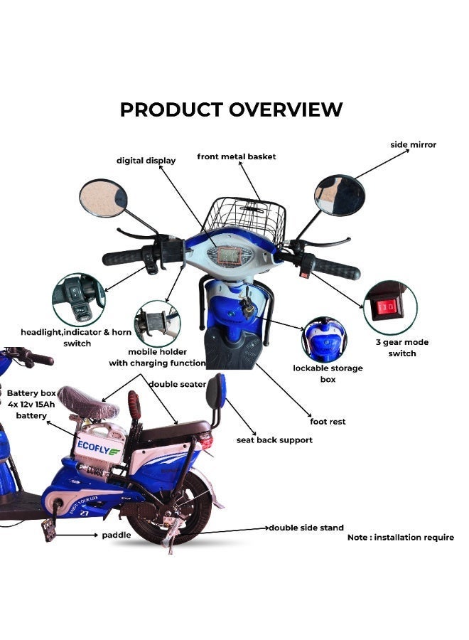 ECOFLY Electric Scooter Delivery E-Bike for Adults 500W 48V High Speed 58KM/H 3 Gear Modes Double Seat with Backrest Front Basket Mobile Charging Holder Digital Display Anti-Theft System 16 Inch Tires Blue - Image 2