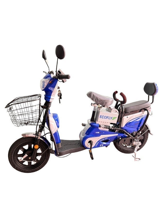 ECOFLY Electric Scooter Delivery E-Bike for Adults 500W 48V High Speed 58KM/H 3 Gear Modes Double Seat with Backrest Front Basket Mobile Charging Holder Digital Display Anti-Theft System 16 Inch Tires Blue - Image 3