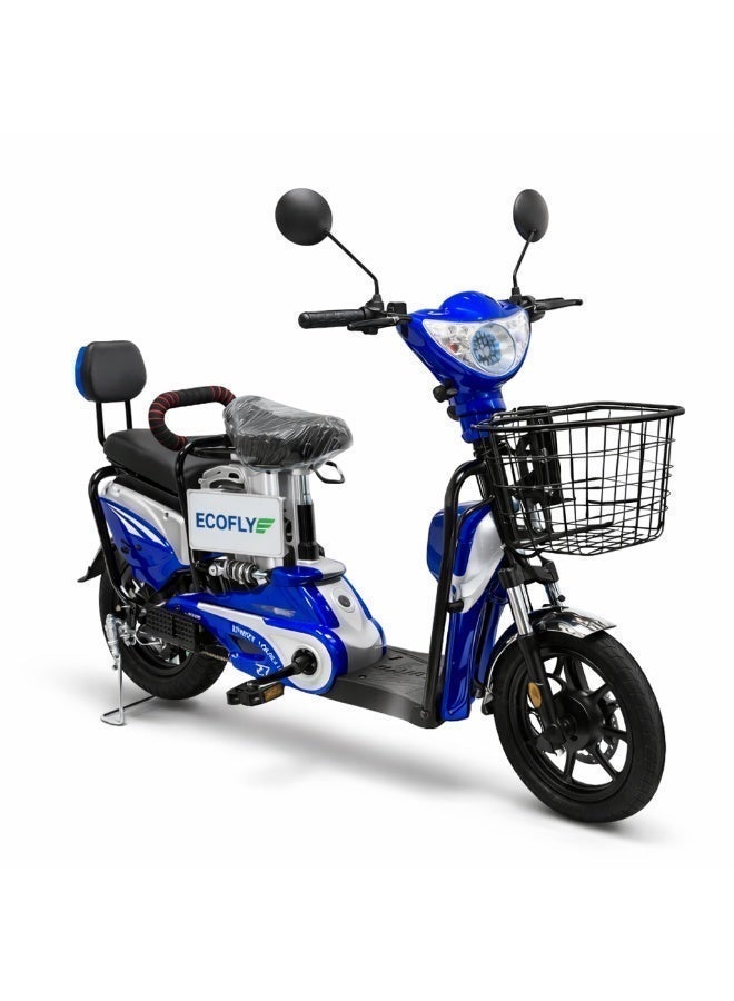 ECOFLY Electric Scooter Delivery E-Bike for Adults 500W 48V High Speed 58KM/H 3 Gear Modes Double Seat with Backrest Front Basket Mobile Charging Holder Digital Display Anti-Theft System 16 Inch Tires Blue - Image 5