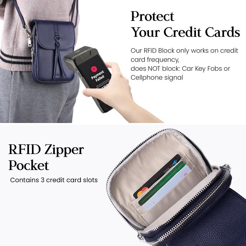 befen Real Leather Blue Cell Phone Crossbody Bags for Women, RFID Protected Leather Shoulder Bag Small Crossbody Handbags, Anti Theft Cross Body Phone Purses for Work Travel, Navy Blue - Image 4