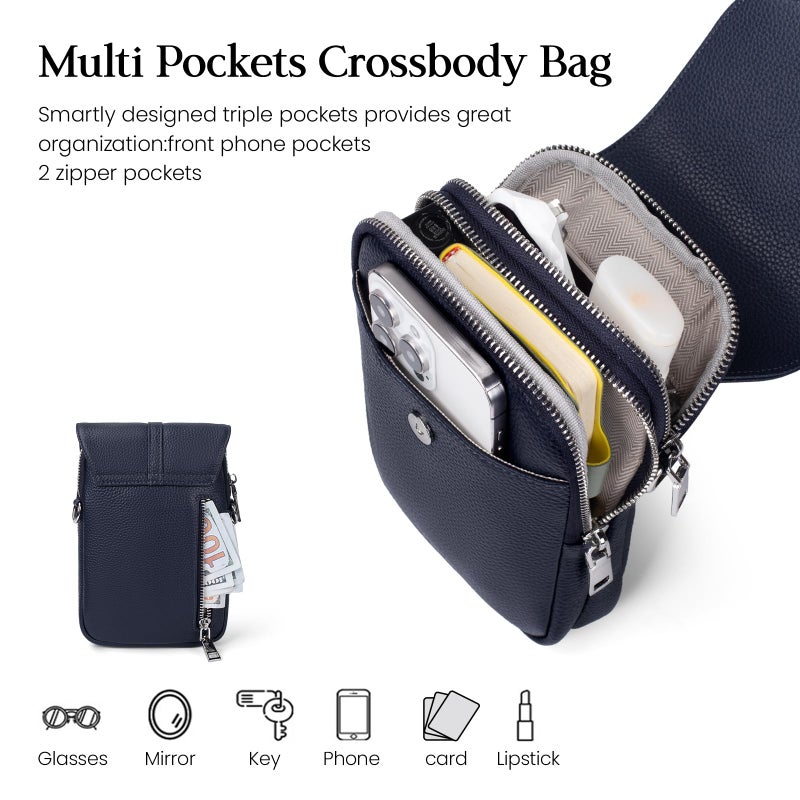 befen Real Leather Blue Cell Phone Crossbody Bags for Women, RFID Protected Leather Shoulder Bag Small Crossbody Handbags, Anti Theft Cross Body Phone Purses for Work Travel, Navy Blue - Image 5