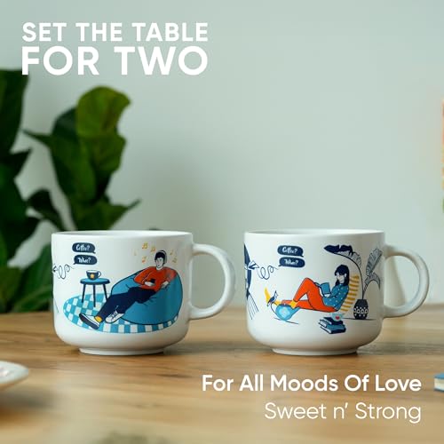 Shay Ceramic Couple Mug Set, Set of 2, Off White, 350ml | His & Her Coffee Cup | Matte Finish | Large Mug for Coffee | Premium Ceramic Coffee Cup (His & Her) - Image 5