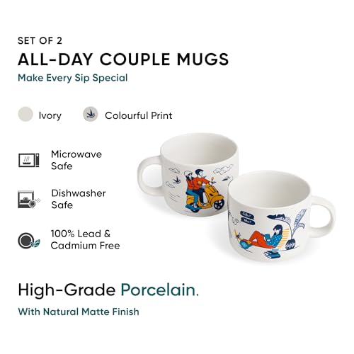 Shay Ceramic Couple Mug Set, Set of 2, Off White, 350ml | His & Her Coffee Cup | Matte Finish | Large Mug for Coffee | Premium Ceramic Coffee Cup (His & Her) - Image 2
