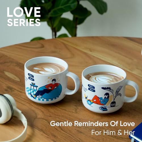 Shay Ceramic Couple Mug Set, Set of 2, Off White, 350ml | His & Her Coffee Cup | Matte Finish | Large Mug for Coffee | Premium Ceramic Coffee Cup (His & Her) - Image 4