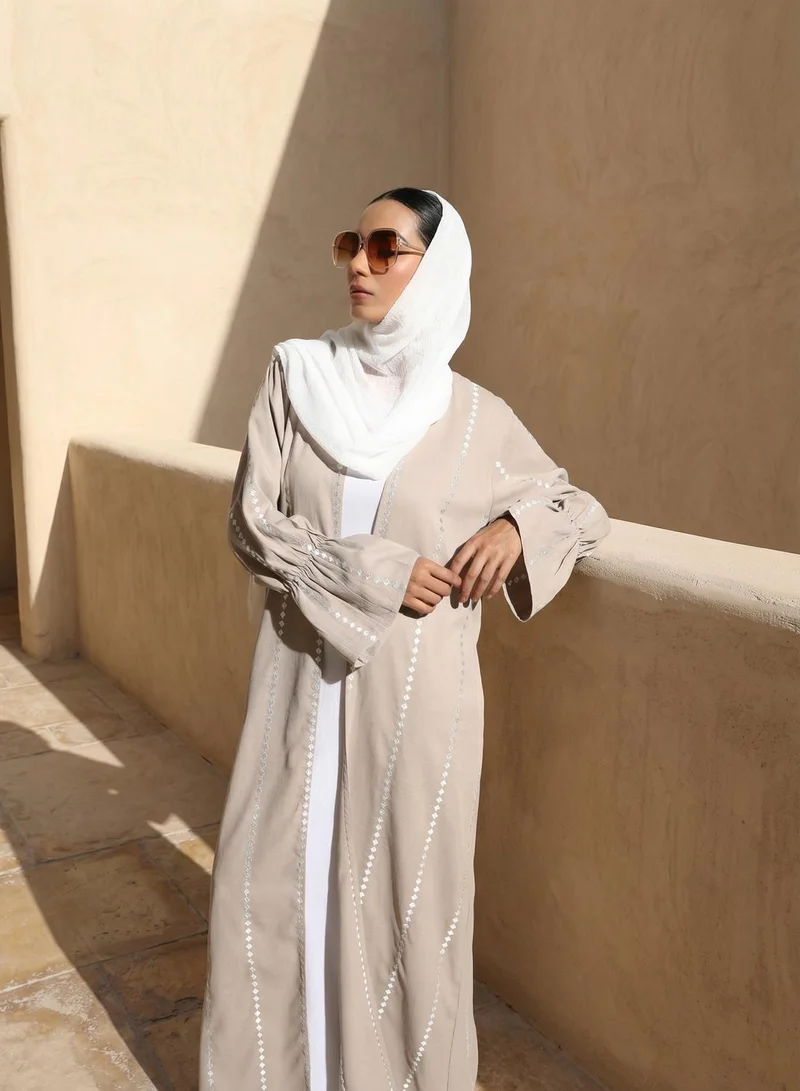 ISHIN Embroidered Woven Regular Cream Abaya with Hijab