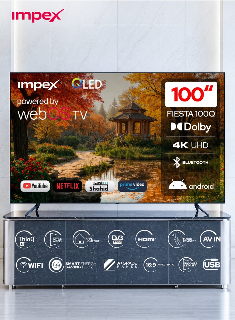 إمبكس 100 Inch Smart QLED TV 4K UHD FIESTA100Q, WebOS Ultra HD Smart TV with ThinQ AI, Dolby Audio, WiFi, Bluetooth, Magic Remote, Apple Airplay, Netflix, YouTube, Prime Video, DVB T2/S2, HDMI & USB, Super Slim QLED Television FIESTA100Q black - Image 1