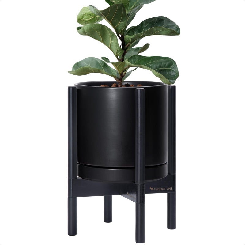 D'vine Dev Ceramic Planter with Ebony Stand - 10 Inch Modern Round Flower Pot with Wood Planter Holder, Black, 55-B-L-2 - Image 1