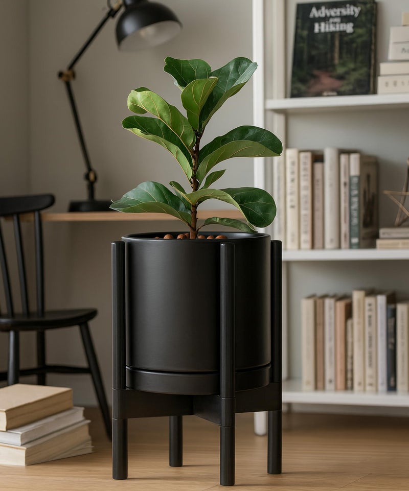 D'vine Dev Ceramic Planter with Ebony Stand - 10 Inch Modern Round Flower Pot with Wood Planter Holder, Black, 55-B-L-2 - Image 4