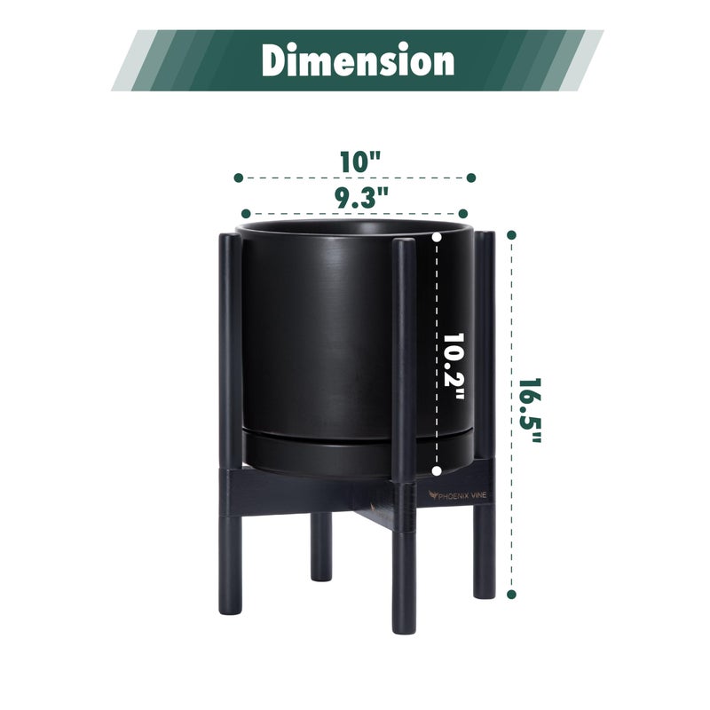 D'vine Dev Ceramic Planter with Ebony Stand - 10 Inch Modern Round Flower Pot with Wood Planter Holder, Black, 55-B-L-2 - Image 3