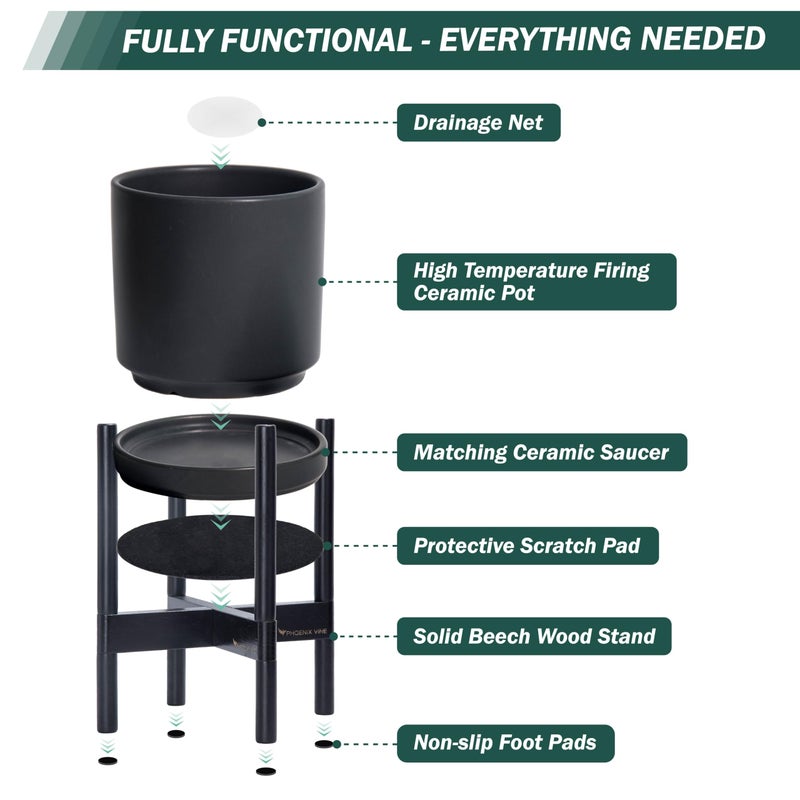 D'vine Dev Ceramic Planter with Ebony Stand - 10 Inch Modern Round Flower Pot with Wood Planter Holder, Black, 55-B-L-2 - Image 5
