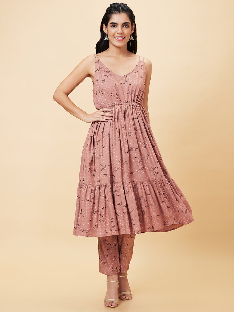 globus Globus Women Brown Floral Printed A-Line Kurta With Trousers  - Image 2