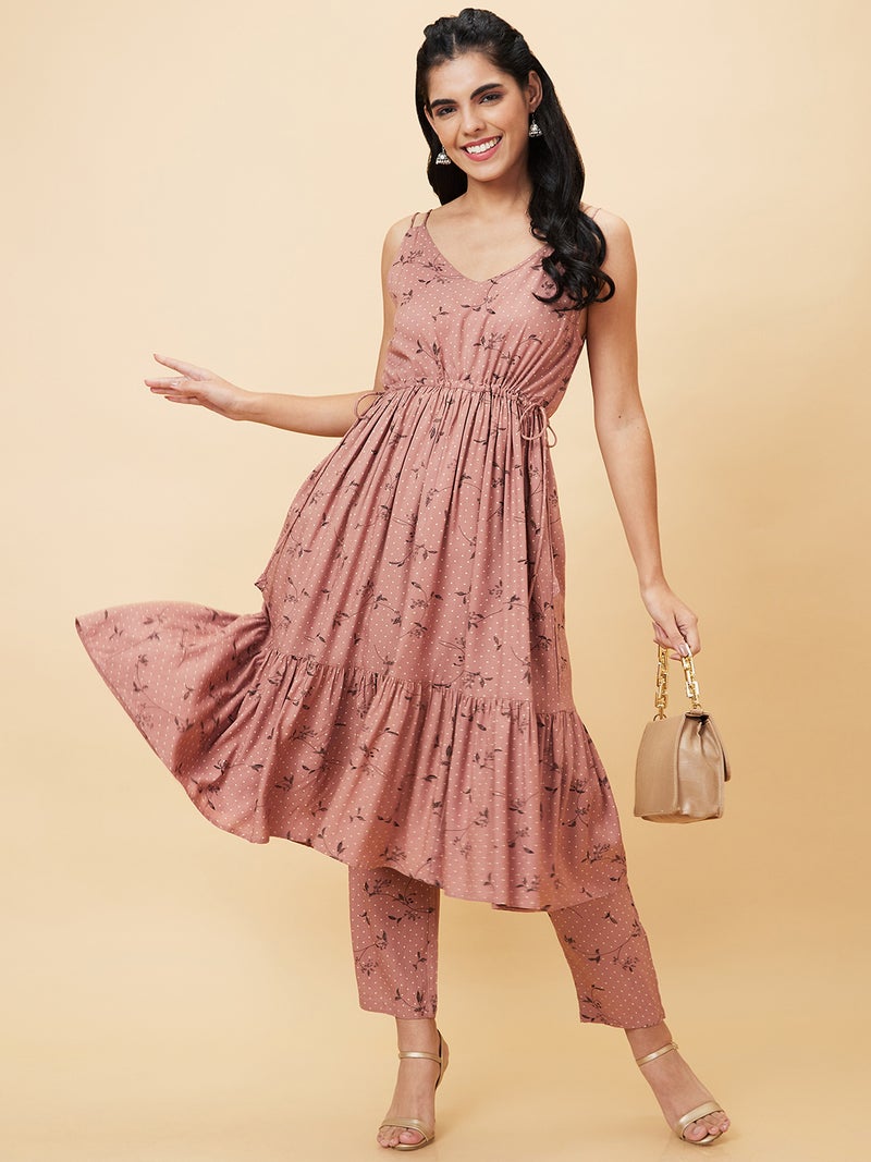globus Globus Women Brown Floral Printed A-Line Kurta With Trousers  - Image 1