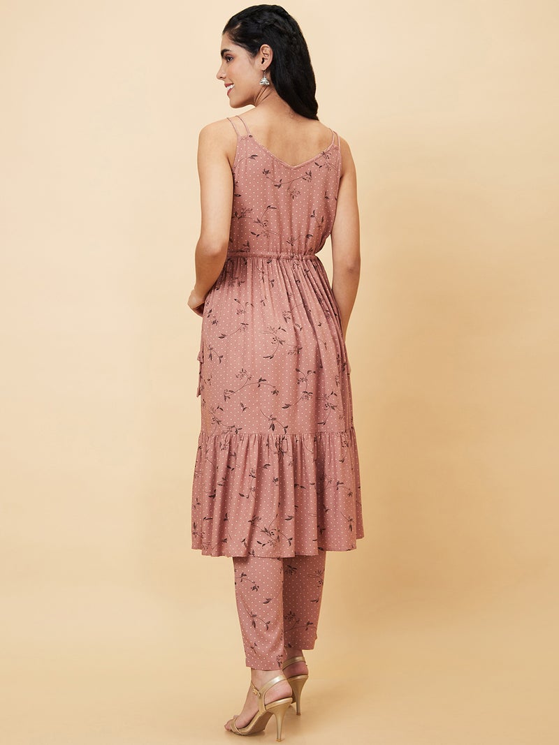 globus Globus Women Brown Floral Printed A-Line Kurta With Trousers  - Image 3