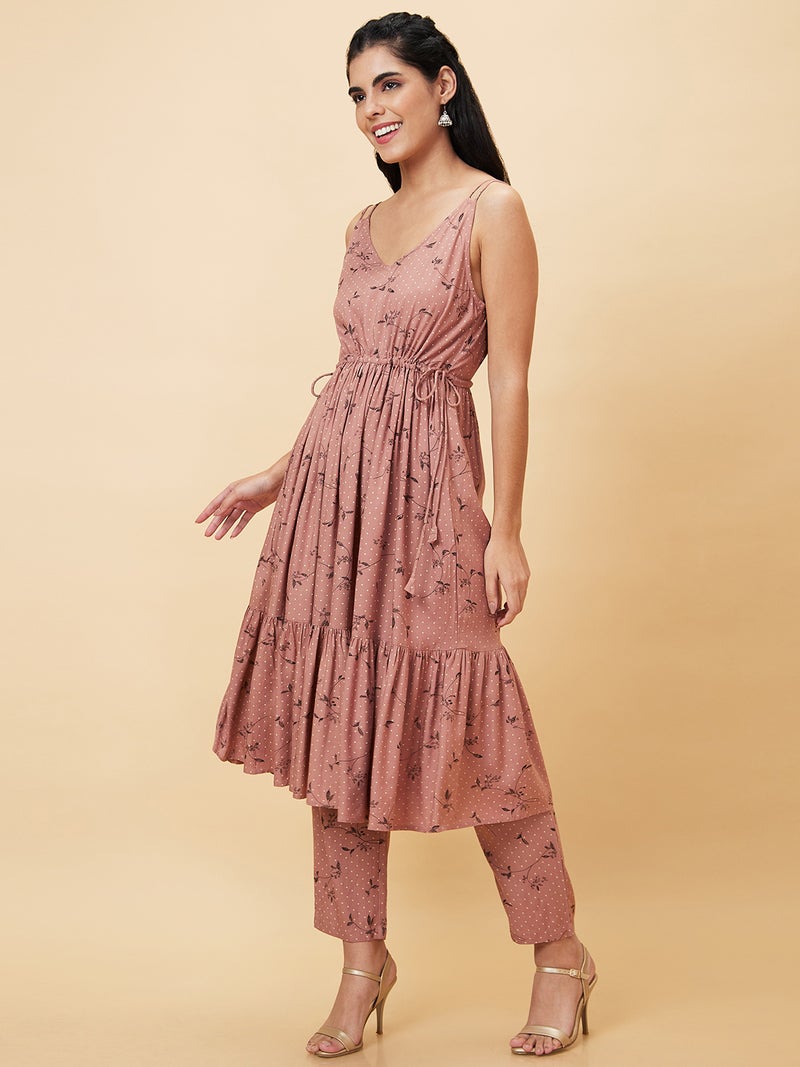 globus Globus Women Brown Floral Printed A-Line Kurta With Trousers  - Image 4