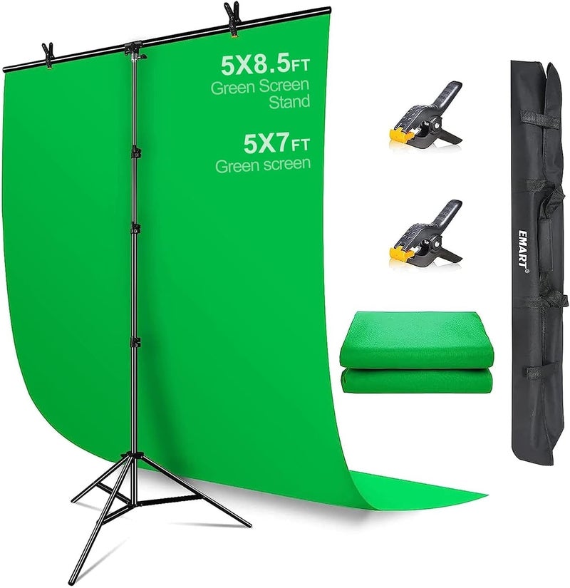 EMART Green Screen Background with Stand, 1.5x2.6m(5x8.5ft) Portable T-Shape Backdrop Support Greenscreen with 1.5x2m(5x7ft), Photography Studio Kit for Chroma Key, Video, Shooting, Streaming - Image 1