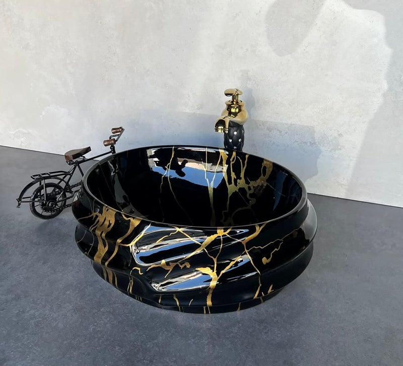 NEROBI Designer Glossy Finish Ceramic Art Wash Basin Vessel Sink Table Top Collapsible Wash Basin BlackGolden Art Wash Basin 16 x 13 x 6 Inch