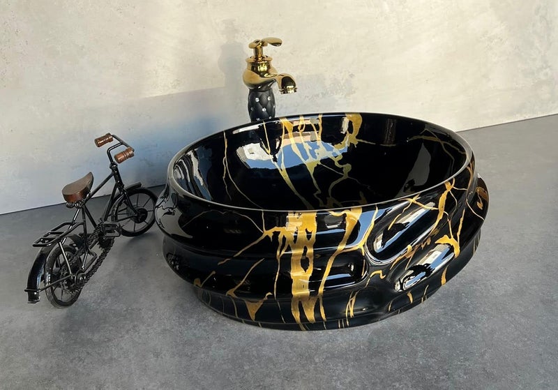 NEROBI Designer Glossy Finish Ceramic Art Wash Basin Vessel Sink Table Top Collapsible Wash Basin BlackGolden Art Wash Basin 16 x 13 x 6 Inch
