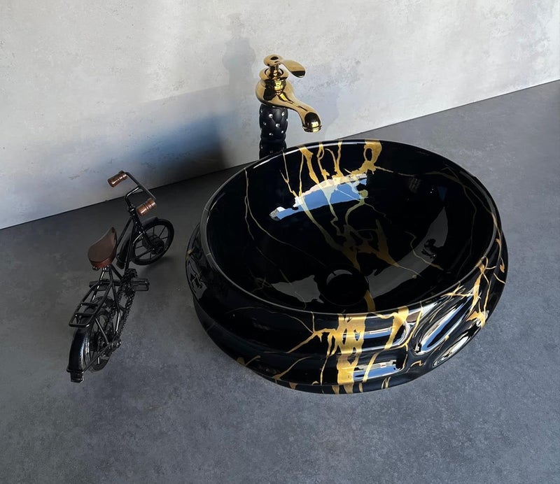NEROBI Designer Glossy Finish Ceramic Art Wash Basin Vessel Sink Table Top Collapsible Wash Basin BlackGolden Art Wash Basin 16 x 13 x 6 Inch